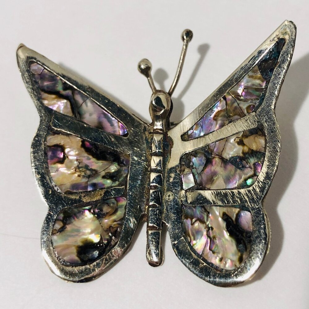 Vintage Butterfly Brooch - Silver with Mother of Pearl / Abalone Insets